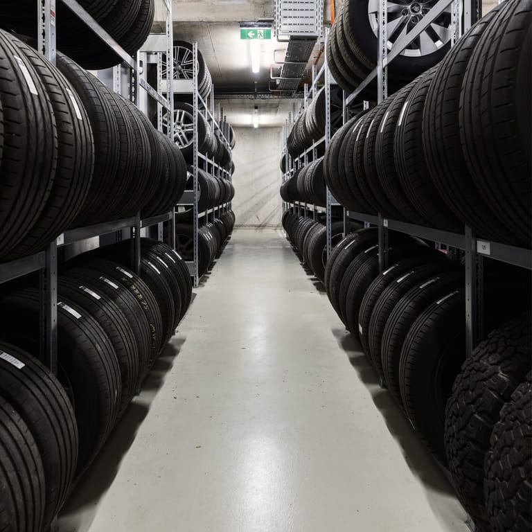 Reifenlager mit Regalen voller Autoreifen in moderner Werkstatt